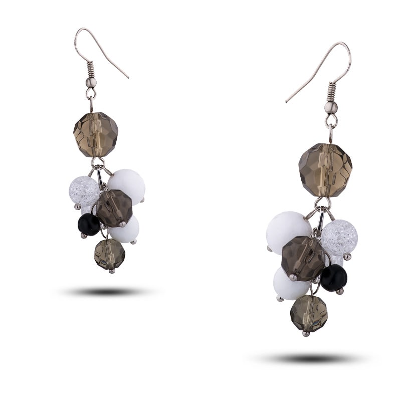 Серебряные серьги с камнями раухтопаз, кахолонг, горный хрусталь, шунгит