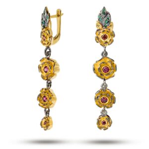 Серьги Розочки из серебра с камнями гранат, родолит тсаворит