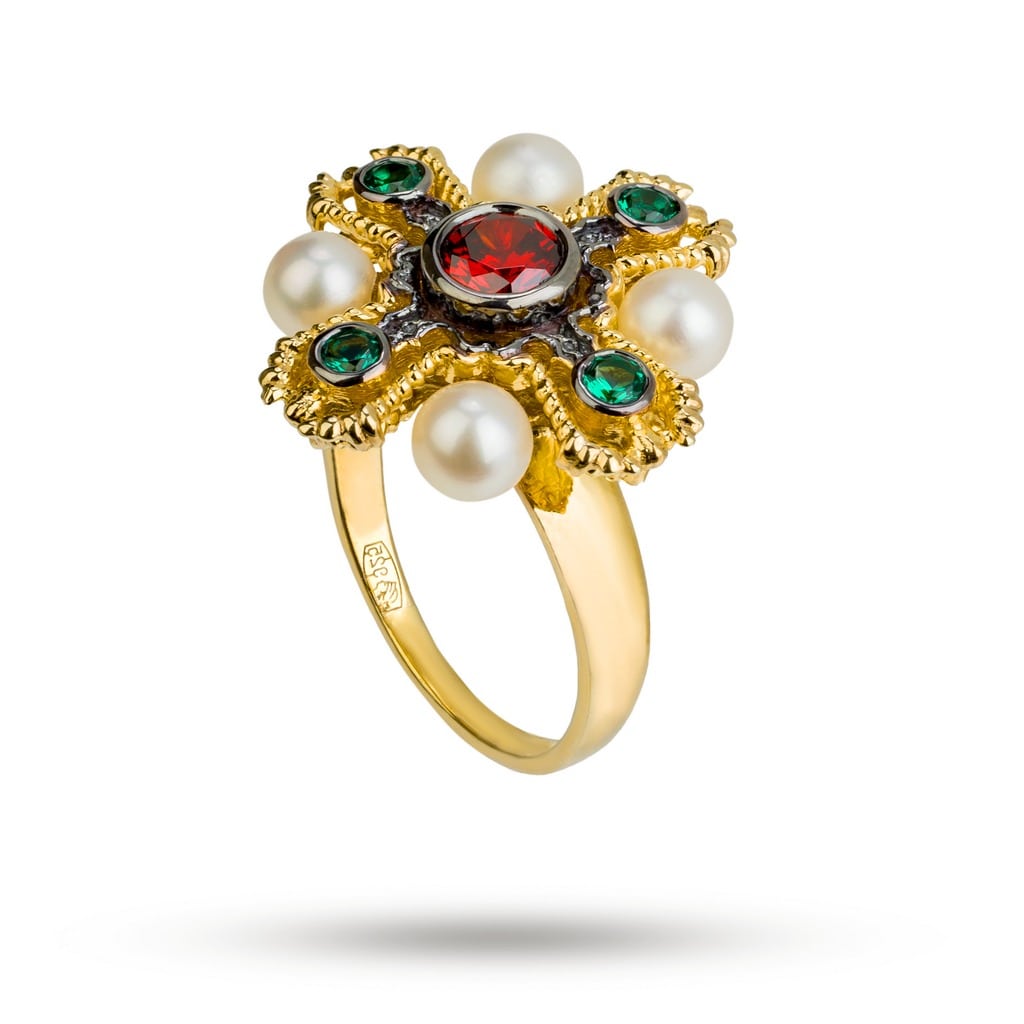 Кольцо из серебра «Крест» - рубин, изумруд, жемчуг