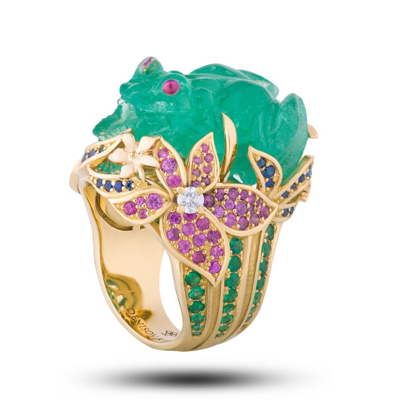 Золотое кольцо с бриллиантами, изумрудами, сапфирами золотое, Лягушка