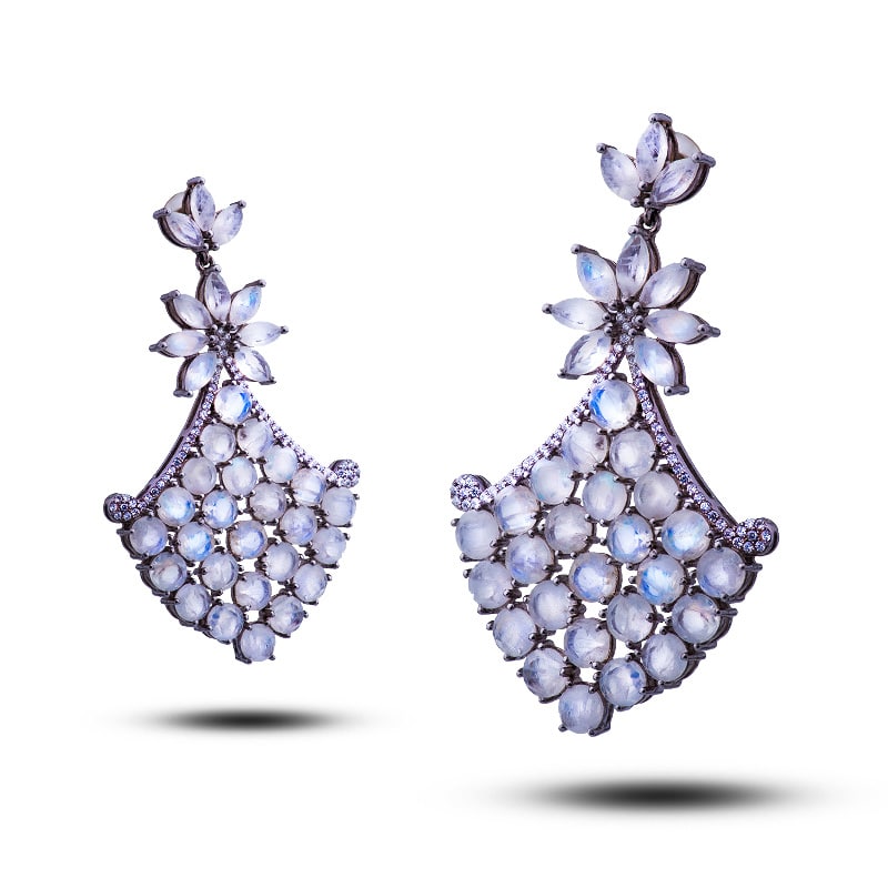 Серьги серебряные, лунный камень, фианиты