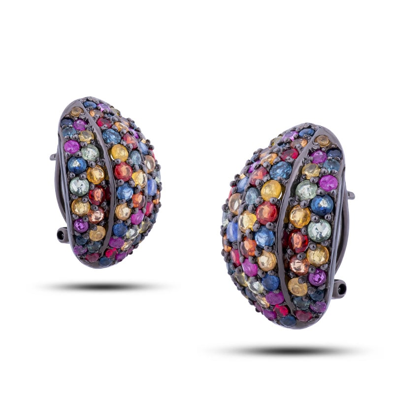 Серьги серебряные, камни сапфир, рубин