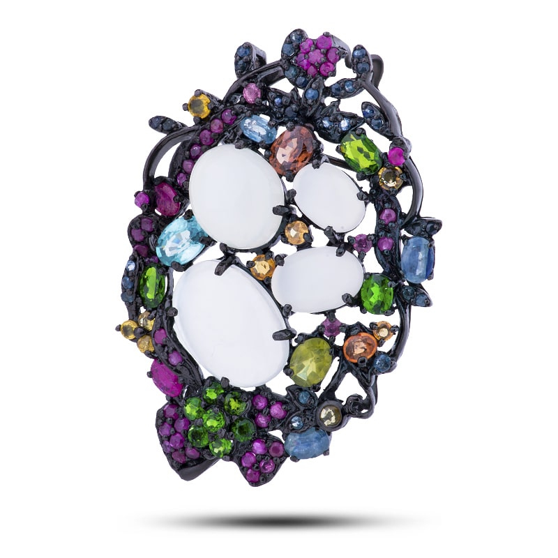 Брошь-кулон серебряная, камни адуляр, топаз, сапфир, рубин, цаворит