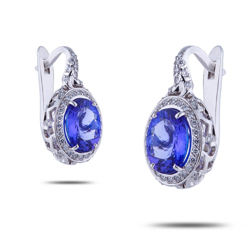 Серьги золотые, камни бриллиант, танзанит