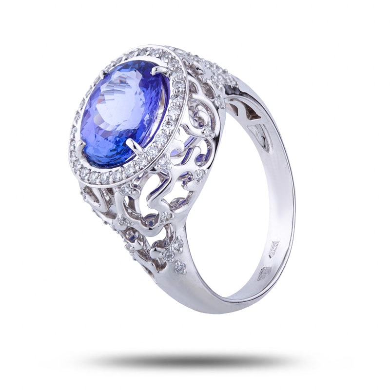 Кольцо золотое, камни танзанит, бриллиант